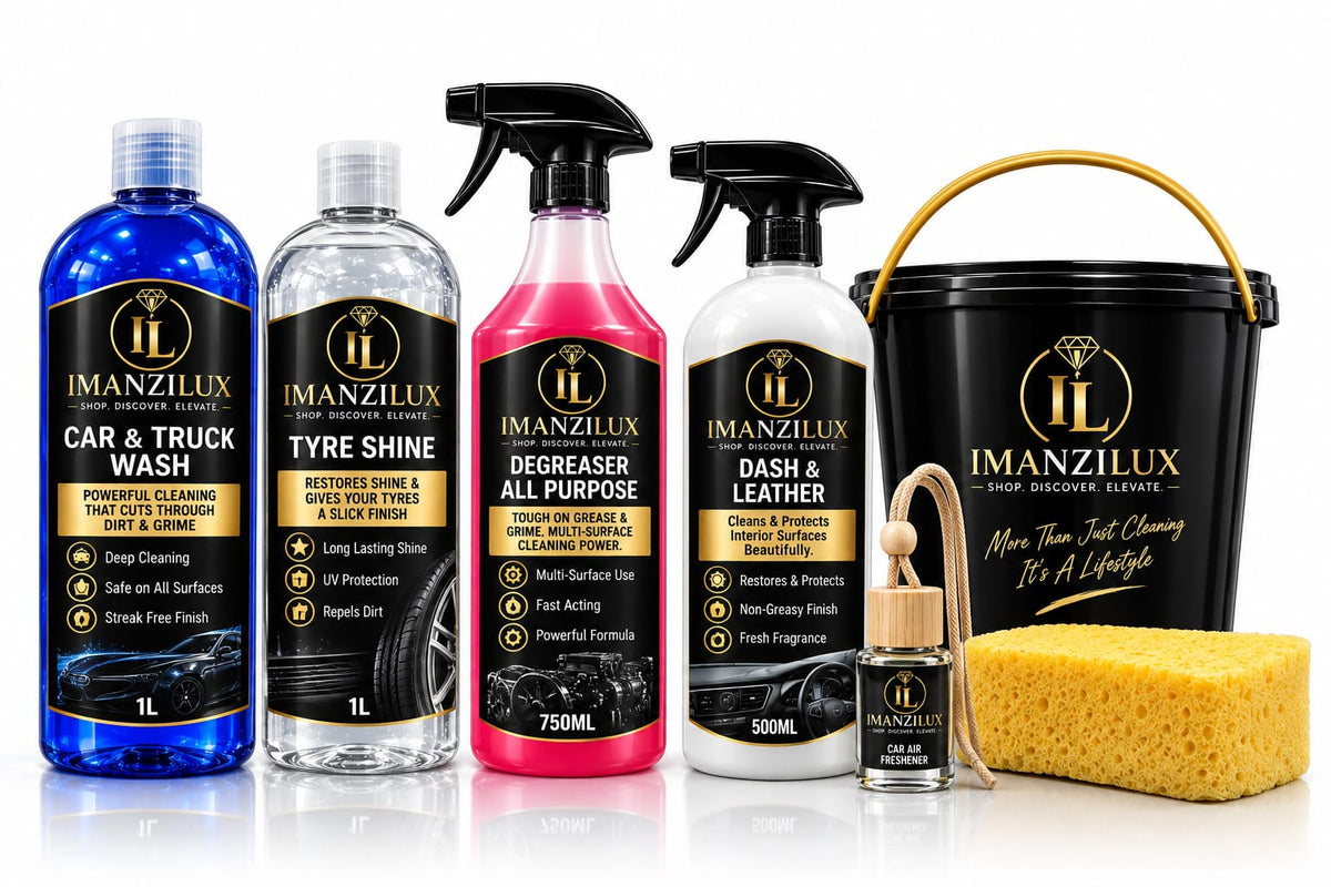 MANZILUX Complete Car Care Kit – 7-Piece Premium Detailing Bundle (Wash, Tyre Shine, Degreaser, Dash & Leather Spray, Bucket, Air Freshener & Sponge)