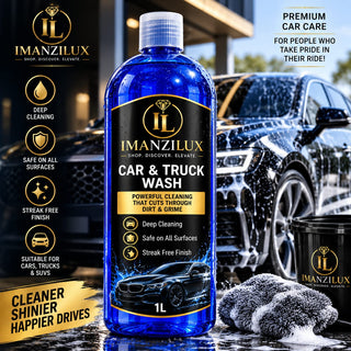 MANZILUX Complete Car Care Kit – 7-Piece Premium Detailing Bundle (Wash, Tyre Shine, Degreaser, Dash & Leather Spray, Bucket, Air Freshener & Sponge)